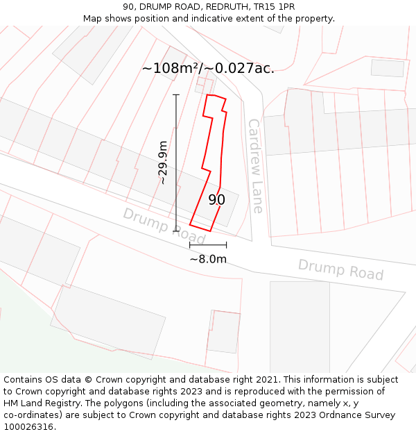 90, DRUMP ROAD, REDRUTH, TR15 1PR: Plot and title map
