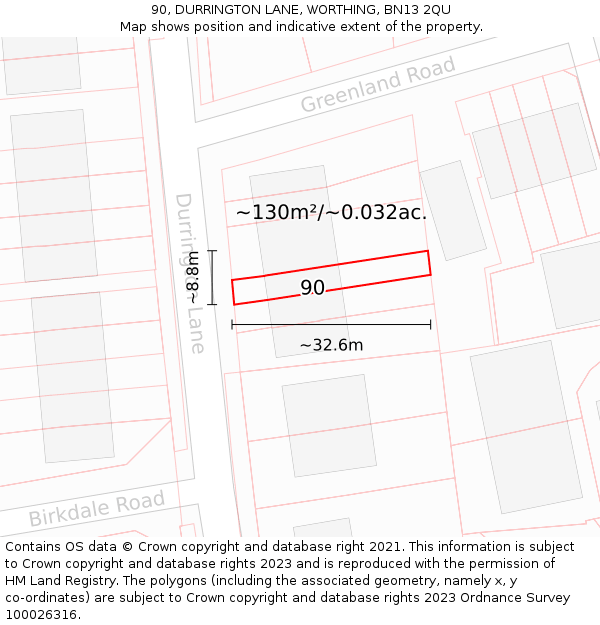 90, DURRINGTON LANE, WORTHING, BN13 2QU: Plot and title map