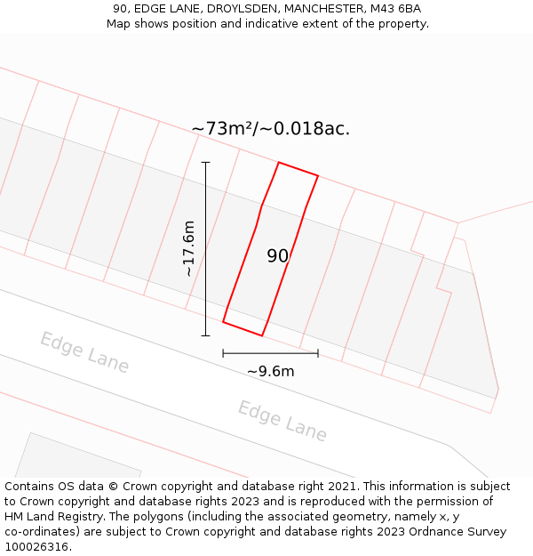 90, EDGE LANE, DROYLSDEN, MANCHESTER, M43 6BA: Plot and title map