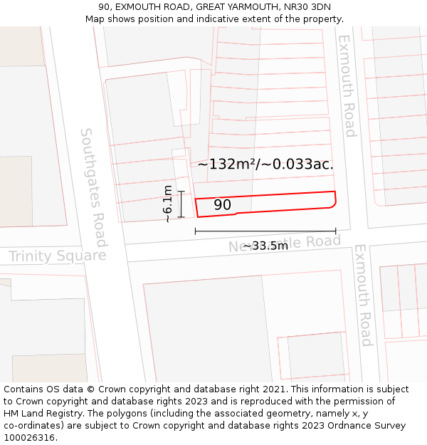 90, EXMOUTH ROAD, GREAT YARMOUTH, NR30 3DN: Plot and title map