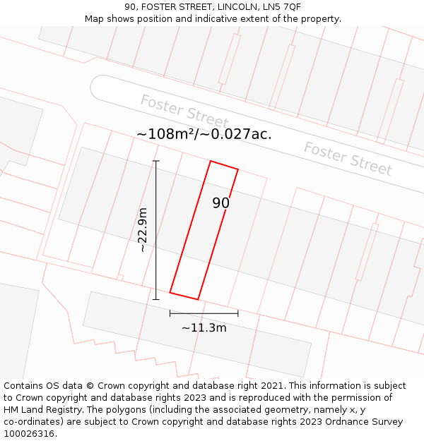 90, FOSTER STREET, LINCOLN, LN5 7QF: Plot and title map