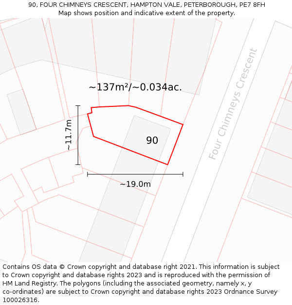 90, FOUR CHIMNEYS CRESCENT, HAMPTON VALE, PETERBOROUGH, PE7 8FH: Plot and title map