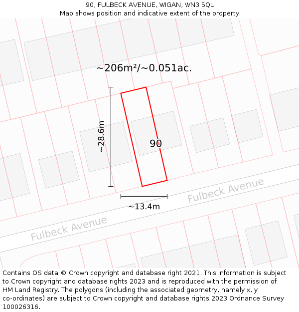 90, FULBECK AVENUE, WIGAN, WN3 5QL: Plot and title map