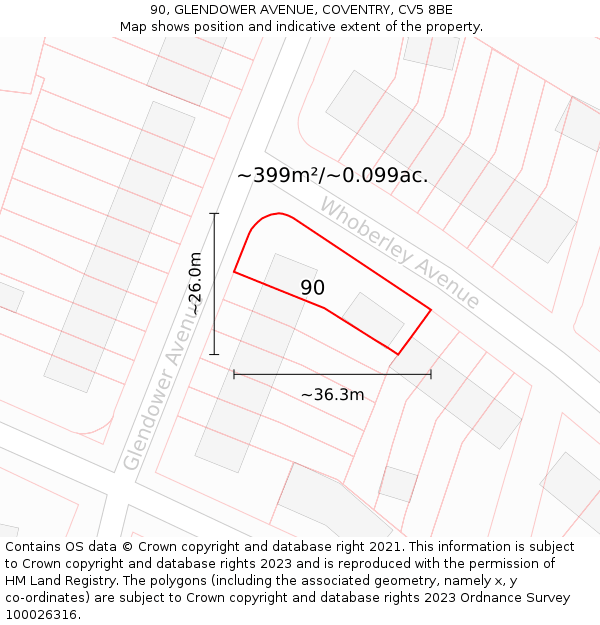 90, GLENDOWER AVENUE, COVENTRY, CV5 8BE: Plot and title map