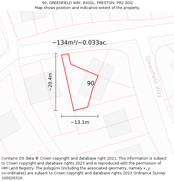 90, GREENFIELD WAY, INGOL, PRESTON, PR2 3GG: Plot and title map