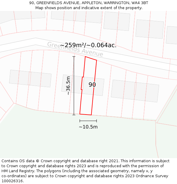 90, GREENFIELDS AVENUE, APPLETON, WARRINGTON, WA4 3BT: Plot and title map