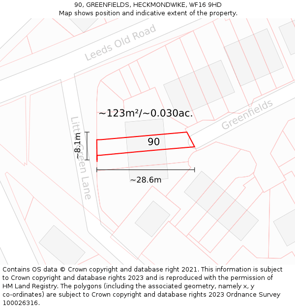 90, GREENFIELDS, HECKMONDWIKE, WF16 9HD: Plot and title map