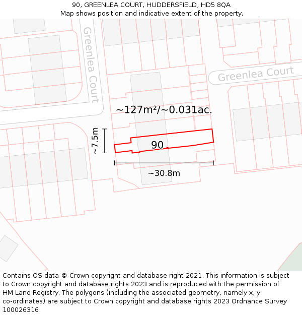 90, GREENLEA COURT, HUDDERSFIELD, HD5 8QA: Plot and title map