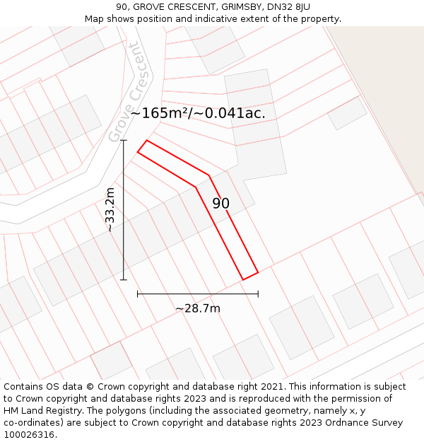 90, GROVE CRESCENT, GRIMSBY, DN32 8JU: Plot and title map