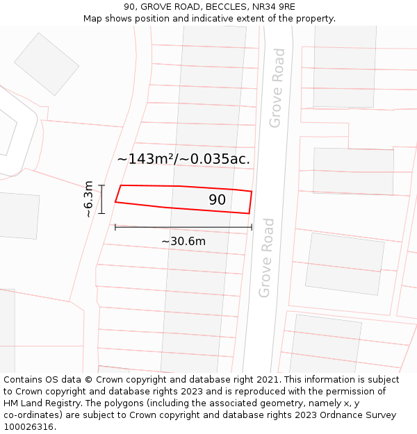 90, GROVE ROAD, BECCLES, NR34 9RE: Plot and title map