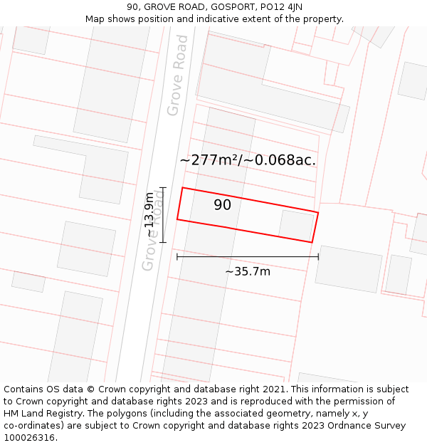 90, GROVE ROAD, GOSPORT, PO12 4JN: Plot and title map