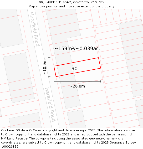 90, HAREFIELD ROAD, COVENTRY, CV2 4BY: Plot and title map