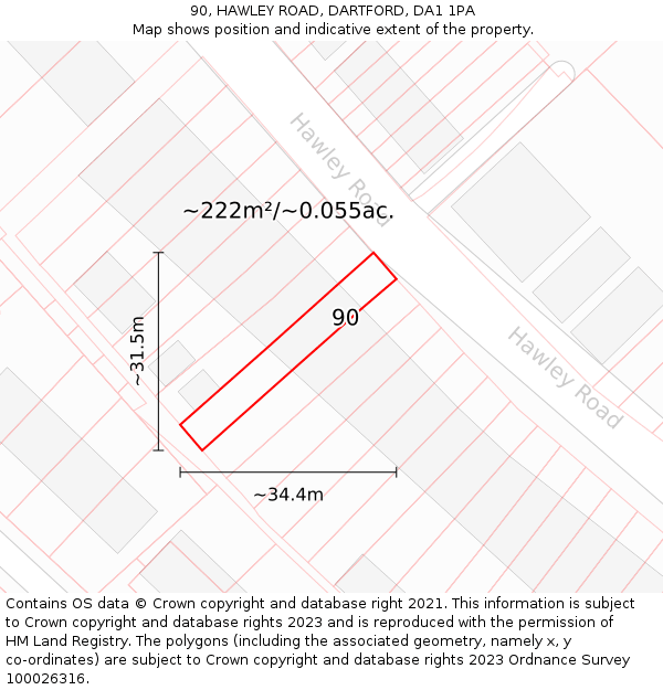 90, HAWLEY ROAD, DARTFORD, DA1 1PA: Plot and title map