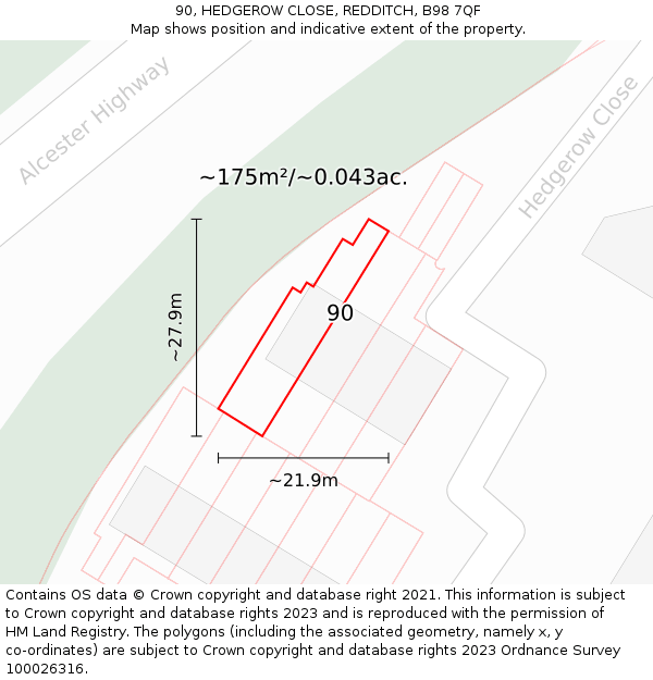 90, HEDGEROW CLOSE, REDDITCH, B98 7QF: Plot and title map