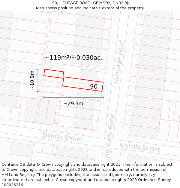 90, HENEAGE ROAD, GRIMSBY, DN32 9JJ: Plot and title map