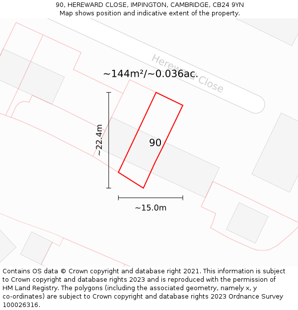 90, HEREWARD CLOSE, IMPINGTON, CAMBRIDGE, CB24 9YN: Plot and title map