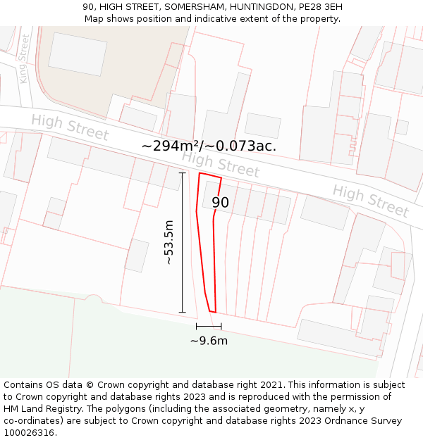 90, HIGH STREET, SOMERSHAM, HUNTINGDON, PE28 3EH: Plot and title map