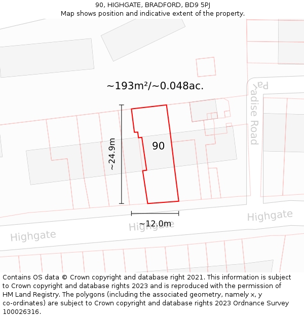 90, HIGHGATE, BRADFORD, BD9 5PJ: Plot and title map
