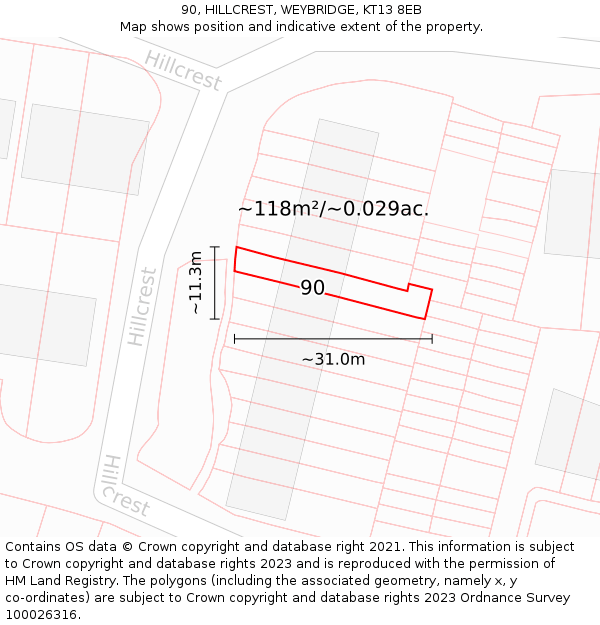 90, HILLCREST, WEYBRIDGE, KT13 8EB: Plot and title map
