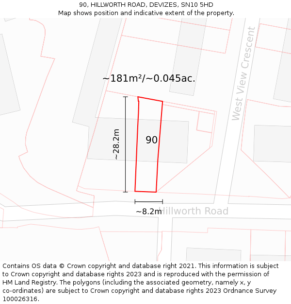90, HILLWORTH ROAD, DEVIZES, SN10 5HD: Plot and title map