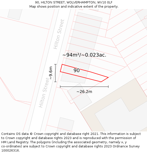90, HILTON STREET, WOLVERHAMPTON, WV10 0LF: Plot and title map