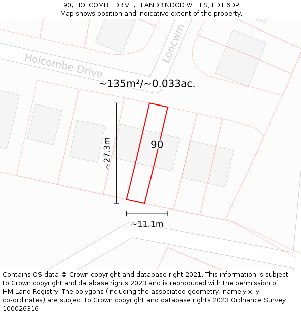 90, HOLCOMBE DRIVE, LLANDRINDOD WELLS, LD1 6DP: Plot and title map