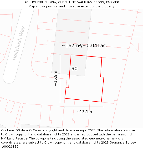 90, HOLLYBUSH WAY, CHESHUNT, WALTHAM CROSS, EN7 6EP: Plot and title map