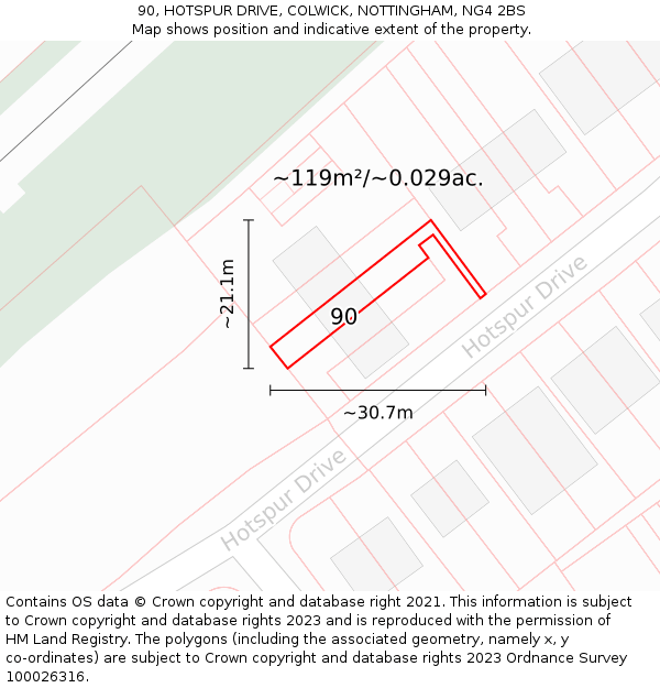 90, HOTSPUR DRIVE, COLWICK, NOTTINGHAM, NG4 2BS: Plot and title map