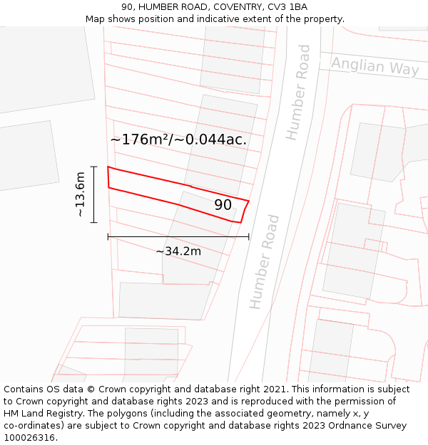 90, HUMBER ROAD, COVENTRY, CV3 1BA: Plot and title map