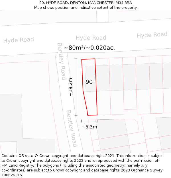 90, HYDE ROAD, DENTON, MANCHESTER, M34 3BA: Plot and title map