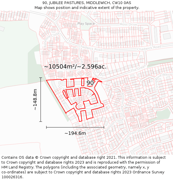90, JUBILEE PASTURES, MIDDLEWICH, CW10 0AS: Plot and title map