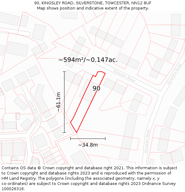 90, KINGSLEY ROAD, SILVERSTONE, TOWCESTER, NN12 8UF: Plot and title map