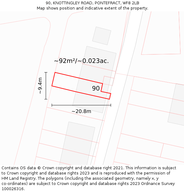 90, KNOTTINGLEY ROAD, PONTEFRACT, WF8 2LB: Plot and title map