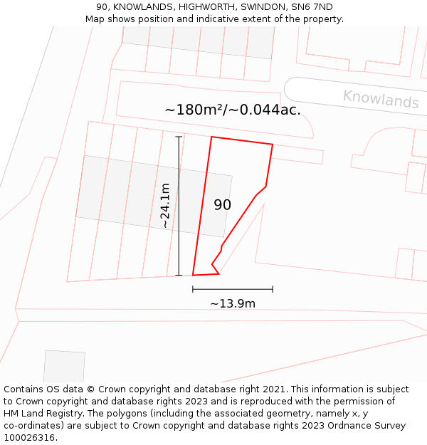 90, KNOWLANDS, HIGHWORTH, SWINDON, SN6 7ND: Plot and title map