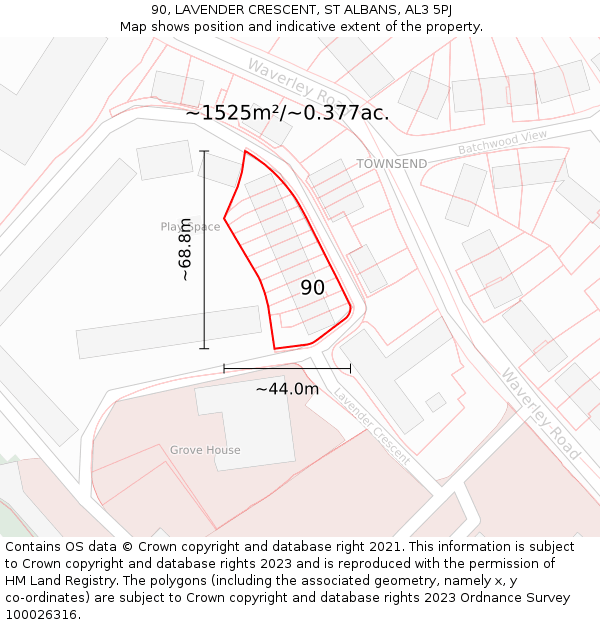 90, LAVENDER CRESCENT, ST ALBANS, AL3 5PJ: Plot and title map