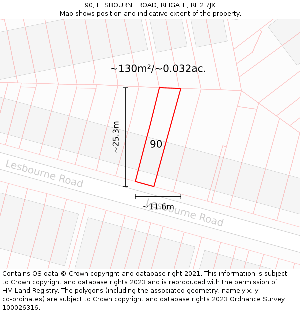 90, LESBOURNE ROAD, REIGATE, RH2 7JX: Plot and title map