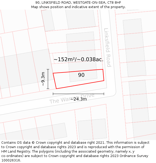 90, LINKSFIELD ROAD, WESTGATE-ON-SEA, CT8 8HF: Plot and title map