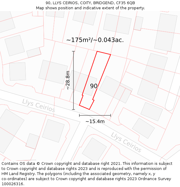 90, LLYS CEIRIOS, COITY, BRIDGEND, CF35 6QB: Plot and title map