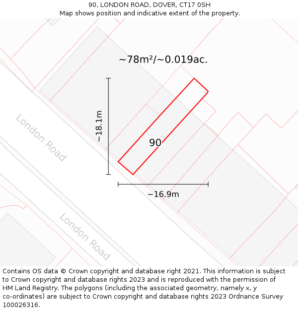 90, LONDON ROAD, DOVER, CT17 0SH: Plot and title map