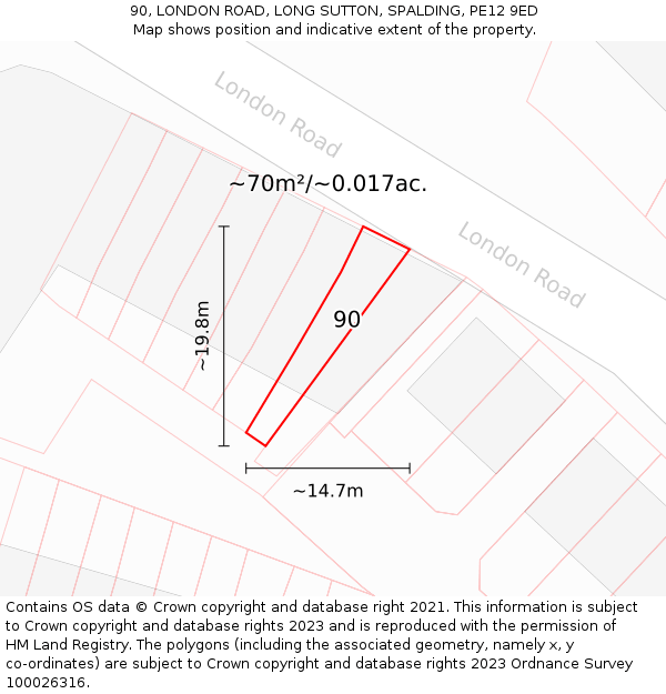 90, LONDON ROAD, LONG SUTTON, SPALDING, PE12 9ED: Plot and title map