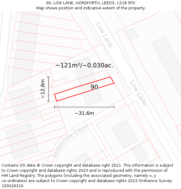 90, LOW LANE, HORSFORTH, LEEDS, LS18 5PX: Plot and title map