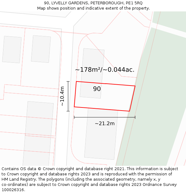 90, LYVELLY GARDENS, PETERBOROUGH, PE1 5RQ: Plot and title map