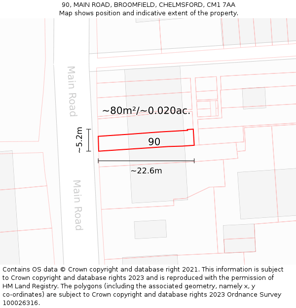 90, MAIN ROAD, BROOMFIELD, CHELMSFORD, CM1 7AA: Plot and title map