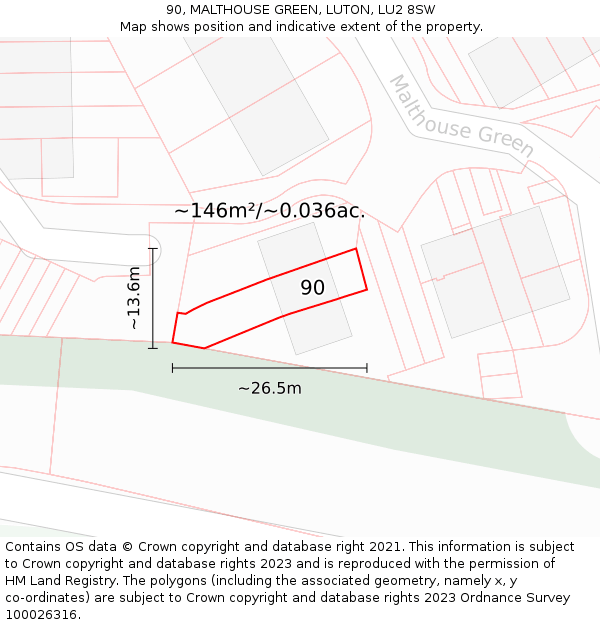 90, MALTHOUSE GREEN, LUTON, LU2 8SW: Plot and title map