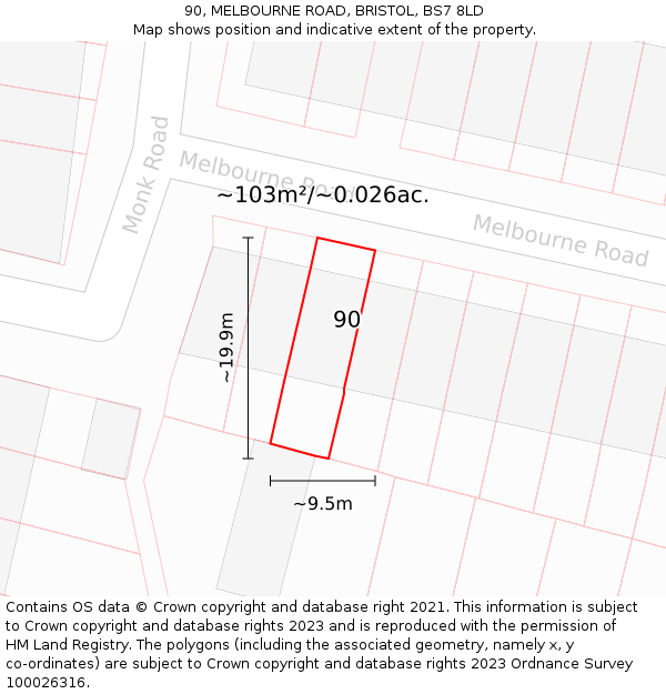 90, MELBOURNE ROAD, BRISTOL, BS7 8LD: Plot and title map