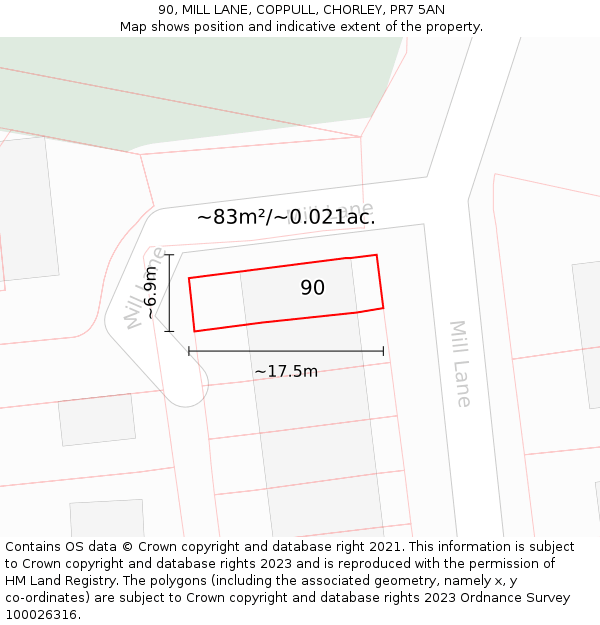 90, MILL LANE, COPPULL, CHORLEY, PR7 5AN: Plot and title map