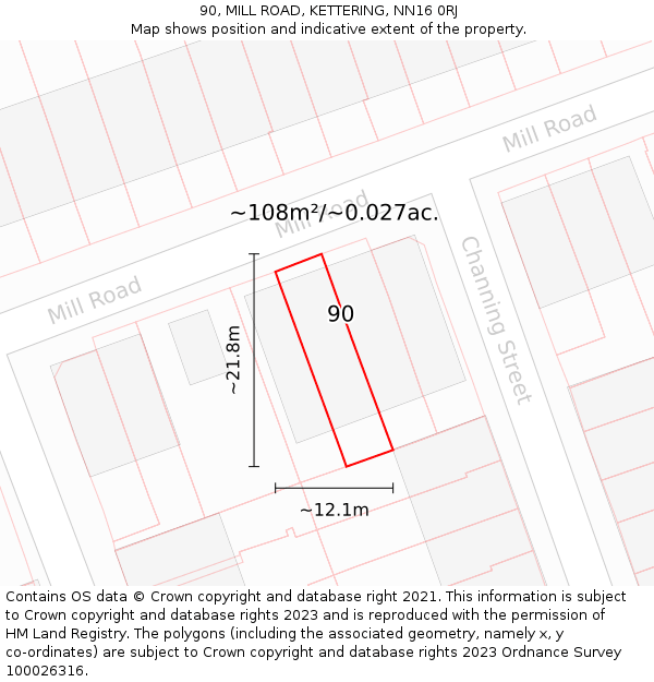 90, MILL ROAD, KETTERING, NN16 0RJ: Plot and title map