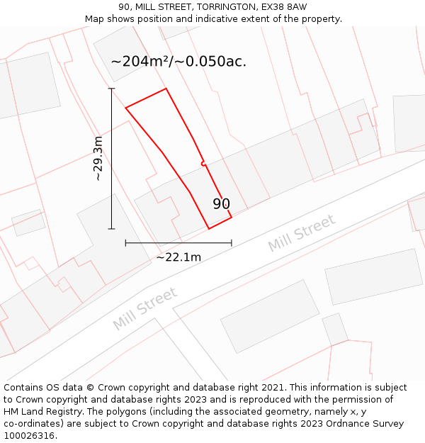90, MILL STREET, TORRINGTON, EX38 8AW: Plot and title map