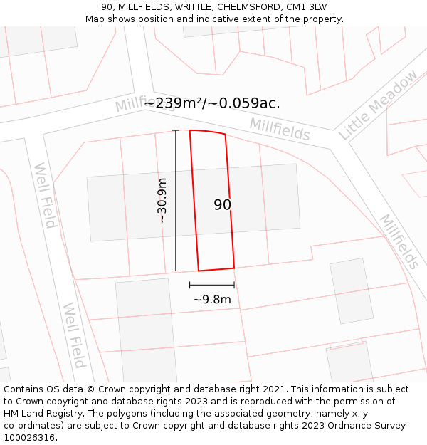 90, MILLFIELDS, WRITTLE, CHELMSFORD, CM1 3LW: Plot and title map