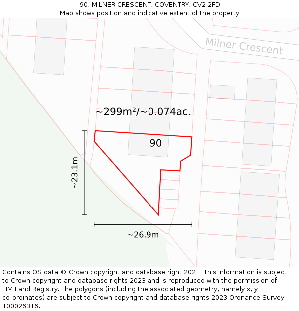 90, MILNER CRESCENT, COVENTRY, CV2 2FD: Plot and title map